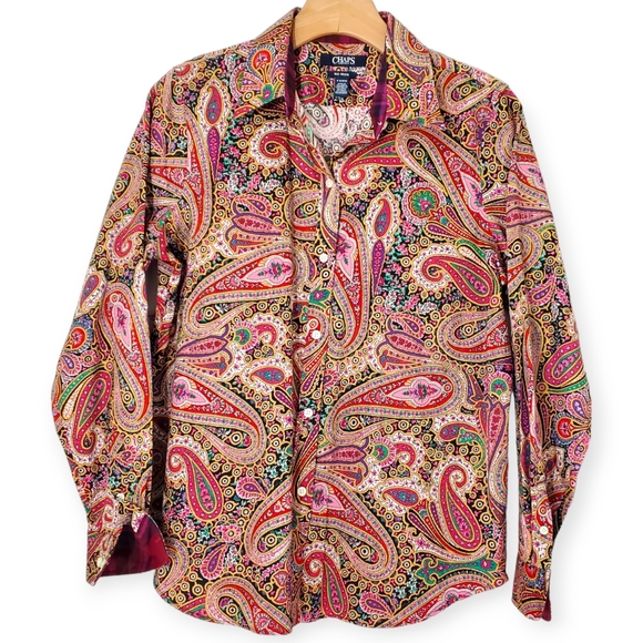 Chaps Womens No Iron Blouse with Paisley Print blue/pink/green size Med - Picture 3 of 7